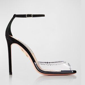 NWT Aquazzura Ray Of Light Sandals Plexi Crystal Peep Toe 105 Black Suede/PVC
